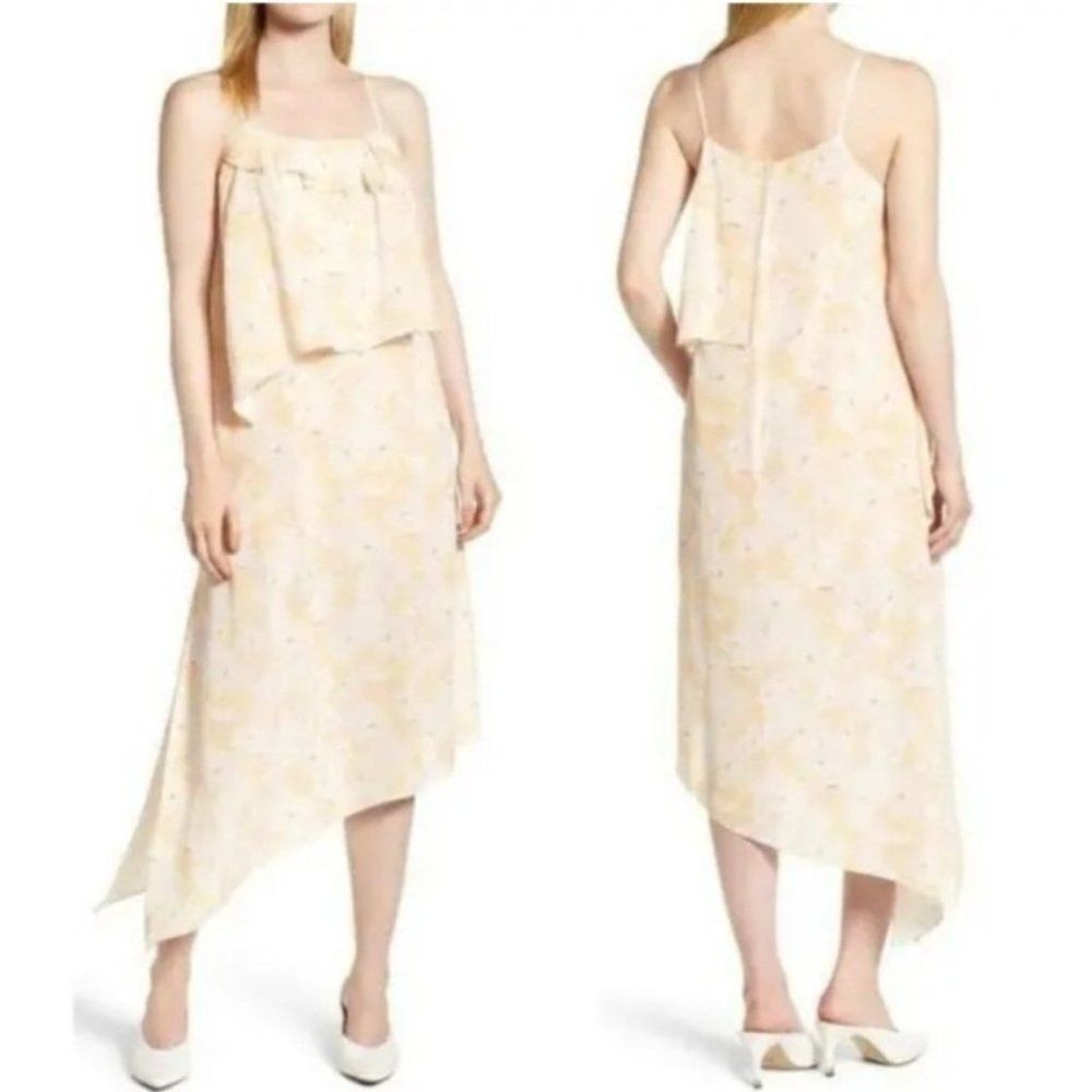 Lewit Asymmetrical Floral Midi Dress 14 Yellow Peach Spaghetti Strap Ruffle